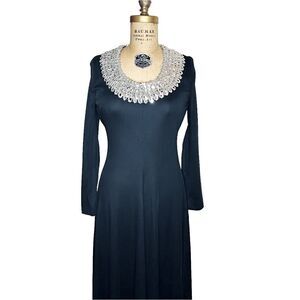Vintage 70s Bernie Bee Long Black Dress with silver sequin neckline Size 2 NWT